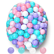 Net bag filled with pastel pink purple teal and white plastic ball pit balls