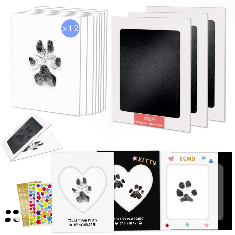 Paw print kit showing 12 cards, ink pads, heart frame cards, stickers and sample prints