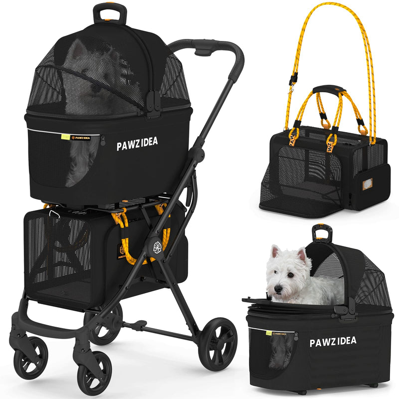 Black PAWZIDEA pet stroller with mesh panels shown as 4-in-1 system with carrier bag and white dog