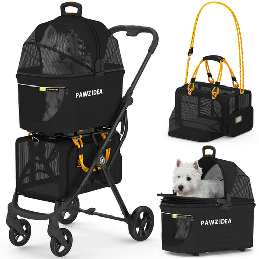 Black PAWZIDEA pet stroller with mesh panels shown as 4-in-1 system with carrier bag and white dog