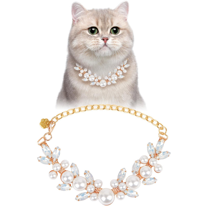 Gray cat wearing pearl and crystal flower collar with matching product shot below