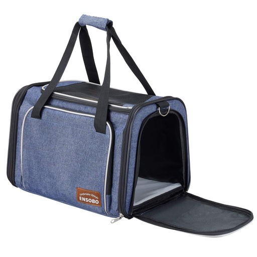 Blue denim pet carrier with opened front panel showing black interior and ventilation mesh