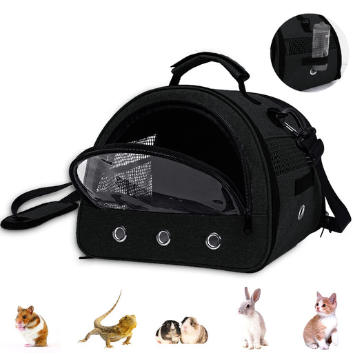 Black pet carrier with mesh ventilation panels and small animals shown below including hamster,