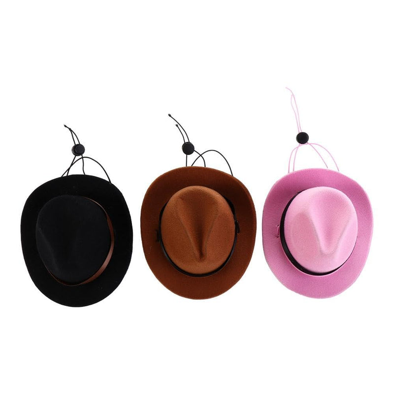 Three mini cowboy hats in black brown and pink with chin straps on white background