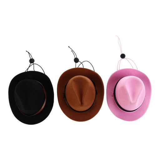 Three mini cowboy hats in black brown and pink with chin straps on white background