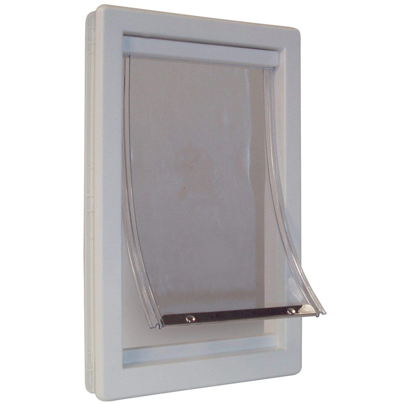 Extra large white plastic pet door with clear flap slightly open showing metal hinge bar