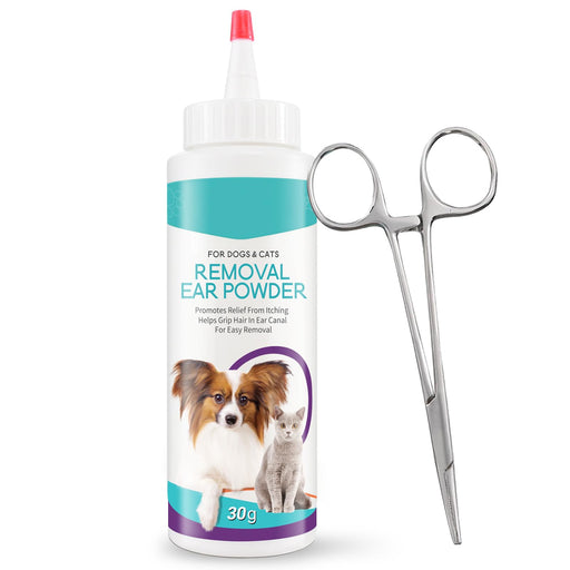 Pet ear powder bottle with scissors for dog and cat grooming on white background