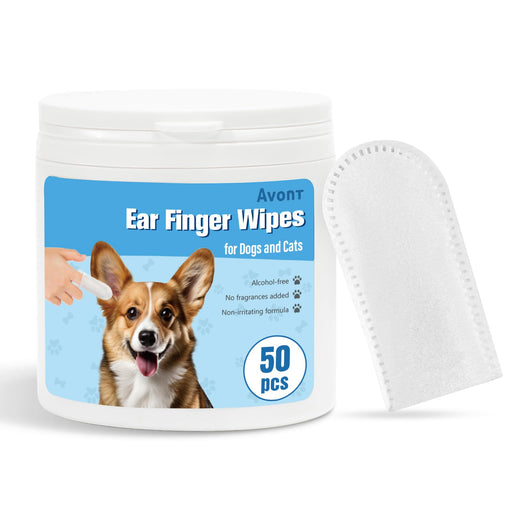 White container of ear finger wipes for dogs and cats with corgi image and silicone finger wipe