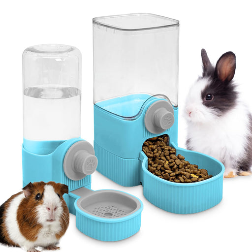 Blue automatic pet feeder and water dispenser set with guinea pig and rabbit shown alongside