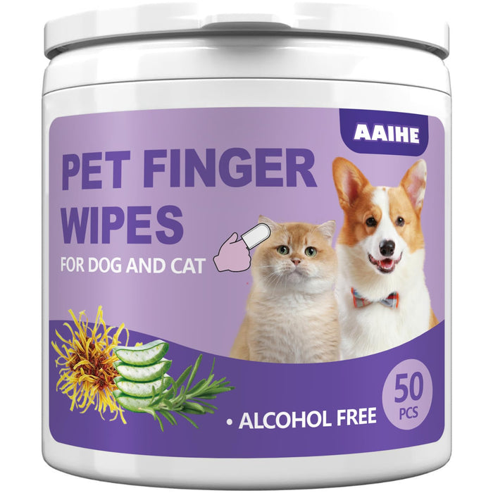 White container of AAIHE pet finger wipes with purple label showing cat and corgi, 50 pieces