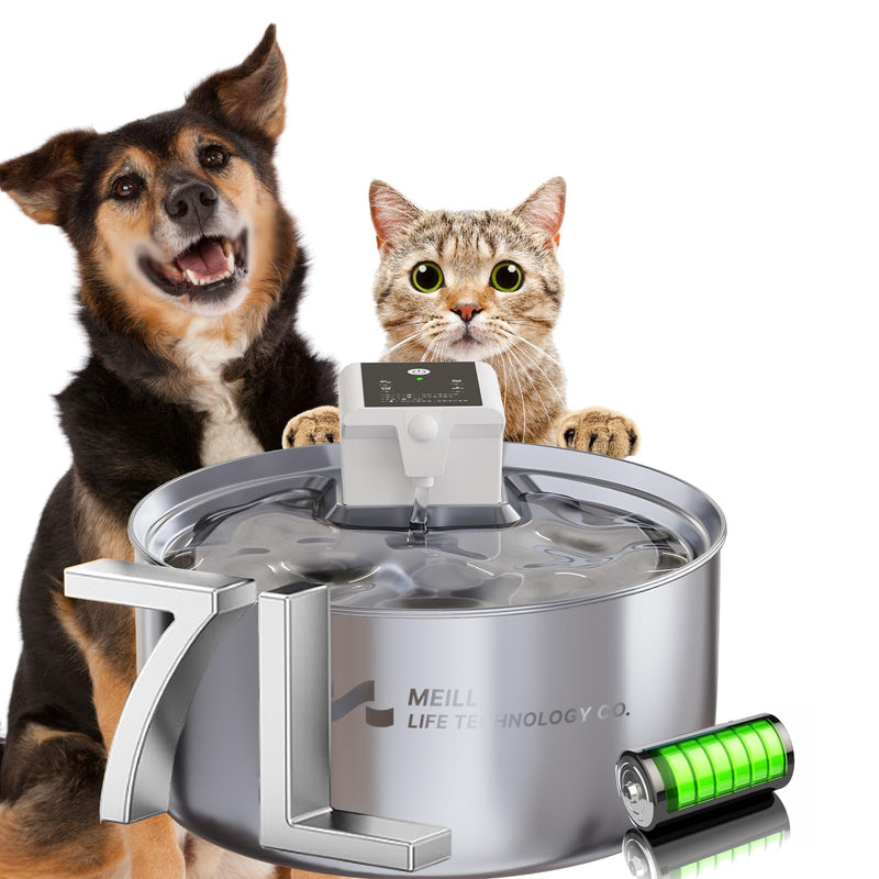 Dog and cat with stainless steel wireless pet fountain and green battery indicator