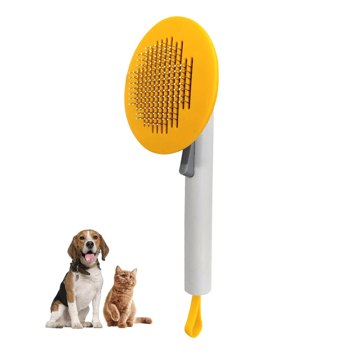 Yellow pet slicker brush with retractable bristles next to beagle dog and orange cat
