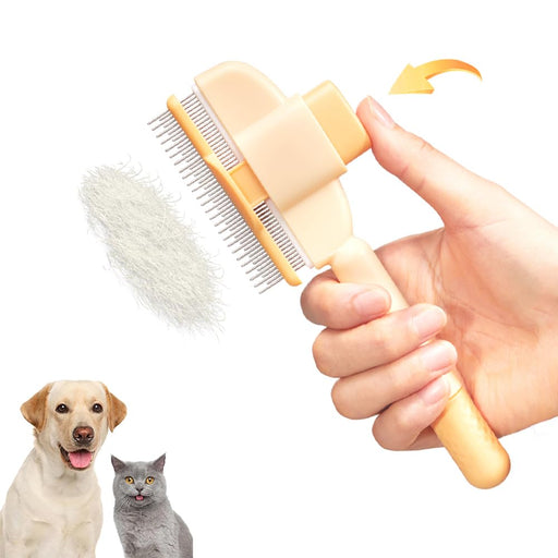 Hand holding yellow pet grooming comb with fur removal demonstration and dog and cat below