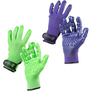 Green and purple pet grooming gloves with silicone massage tips shown from palm and back sides