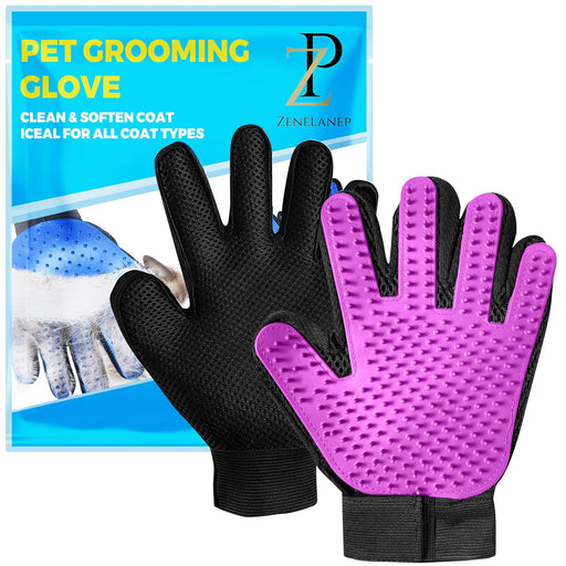 Black and purple pet grooming gloves with silicone tips shown front and back with packaging