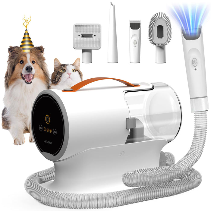 White pet grooming vacuum with multiple attachments and flexible hose next to happy dog and cat