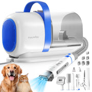 White and blue pet grooming vacuum with hose, clippers, and accessories next to golden retriever