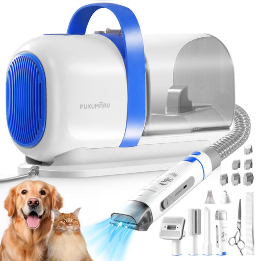 White and blue pet grooming vacuum with hose, clippers, and accessories next to golden retriever