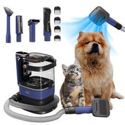 Pet grooming vacuum with attachments, blow dryer and orange chow chow dog with tabby kitten