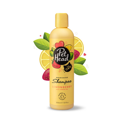 Yellow Pet Head lemonberry cat shampoo bottle with colorful fruit graphics and green leaves