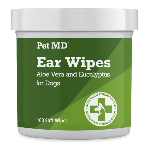White cylindrical container of Pet MD Ear Wipes with green label showing aloe vera and eucalyptus