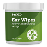 Green Pet MD ear wipes container with white lid showing aloe vera and eucalyptus formula