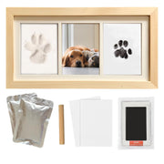Pet paw print frame kit with wooden frame, clay bags, ink pad, and paper inserts