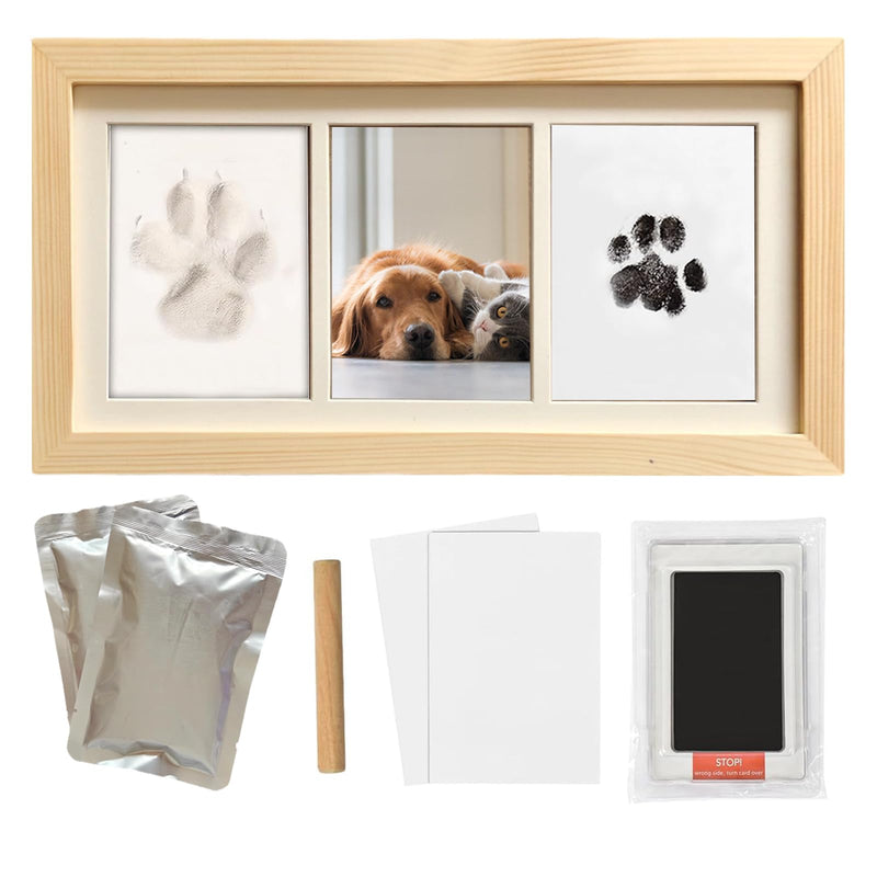 Pet paw print frame kit with wooden frame, clay bags, ink pad, and paper inserts