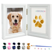 White double frame with golden retriever photo and gold paw print named Bruno with paint set