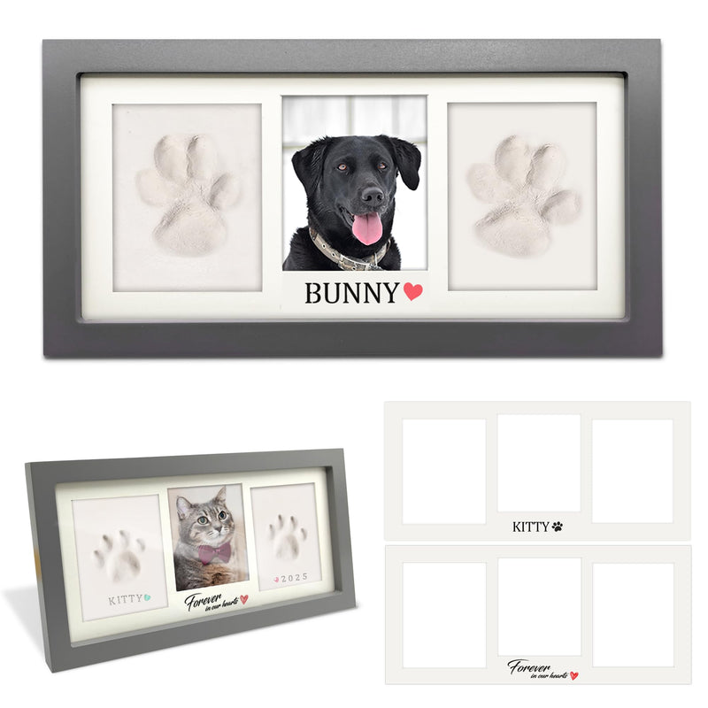 Gray pet memorial frame with clay paw prints and photo slot showing black lab named Bunny
