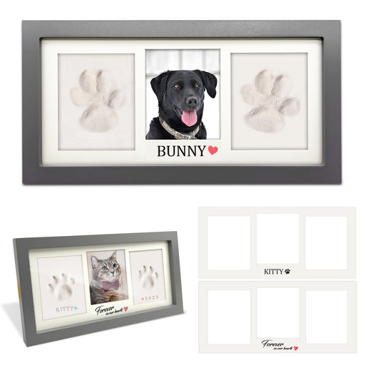 Gray pet memorial frame with clay paw prints and photo slot showing black lab named Bunny