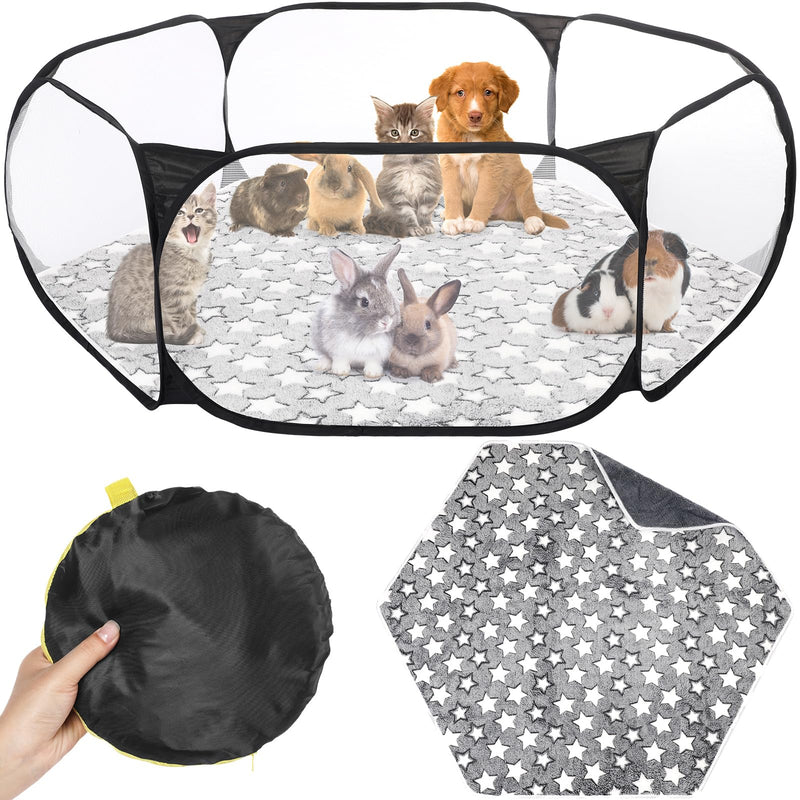 Portable pet playpen shown collapsed with carrying bag and star-patterned mat accessories