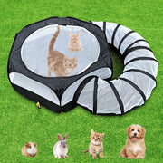 Black and white mesh pet playpen with tunnel on grass, showing cat and rabbit inside enclosure