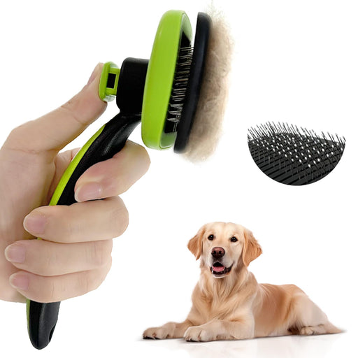 Green and black pet slicker brush with close-up of metal pin bristles and golden retriever