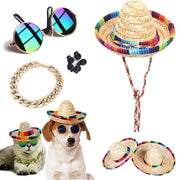 Pet costume set with mini sombrero hats sunglasses and gold chain necklace for cats and dogs