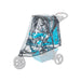 Clear plastic rain cover with blue trim attached to a translucent pet stroller frame