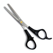 Stainless steel pet thinning shears with 28-tooth blade and black ergonomic handles