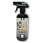 Black spray bottle with cartoon skunk mascot label for pet urine odor eliminator on white background