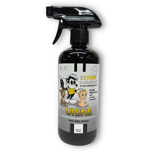 Black spray bottle with cartoon skunk mascot label for pet urine odor eliminator on white background