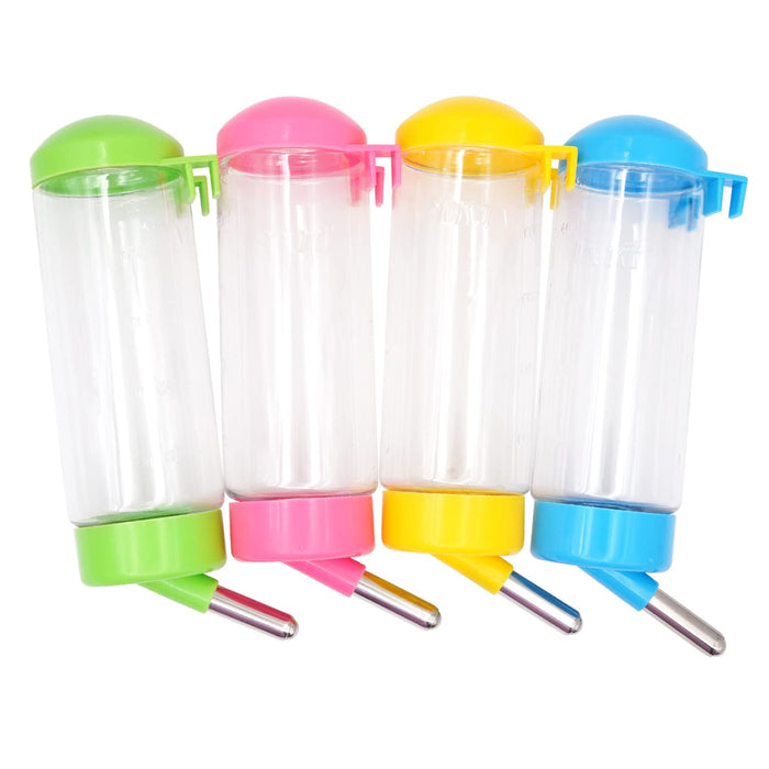Four colorful water bottles with metal drinking spouts in green, pink, yellow and blue colors