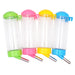 Four colorful water bottles with metal drinking spouts in green, pink, yellow and blue colors
