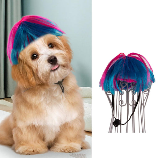 Colorful pink and teal pet wig displayed on wire mannequin head against white background