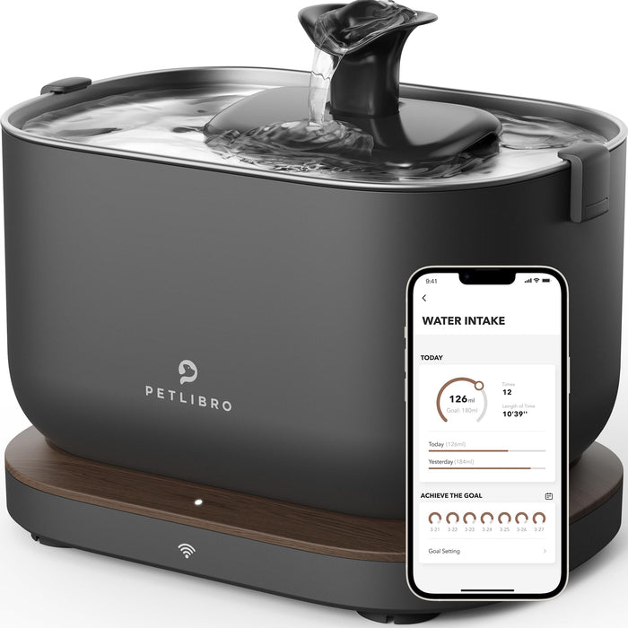 Gray PETLIBRO smart water fountain with flowing water and smartphone showing water intake app