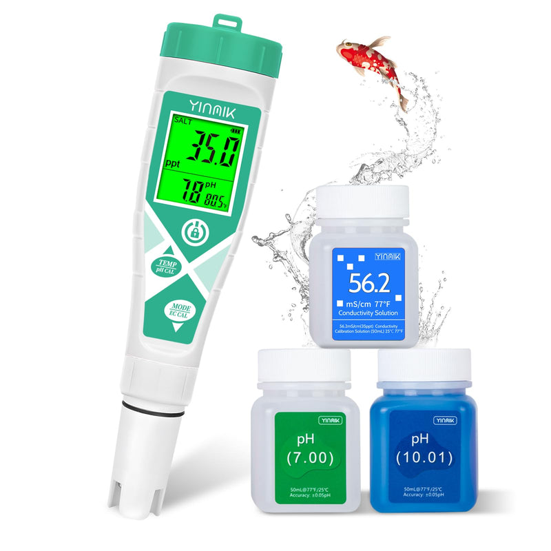 White and green digital pH meter with LCD display showing readings next to calibration solution