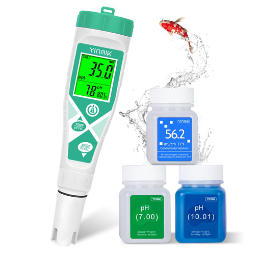 White and green digital pH meter with LCD display showing readings next to calibration solution