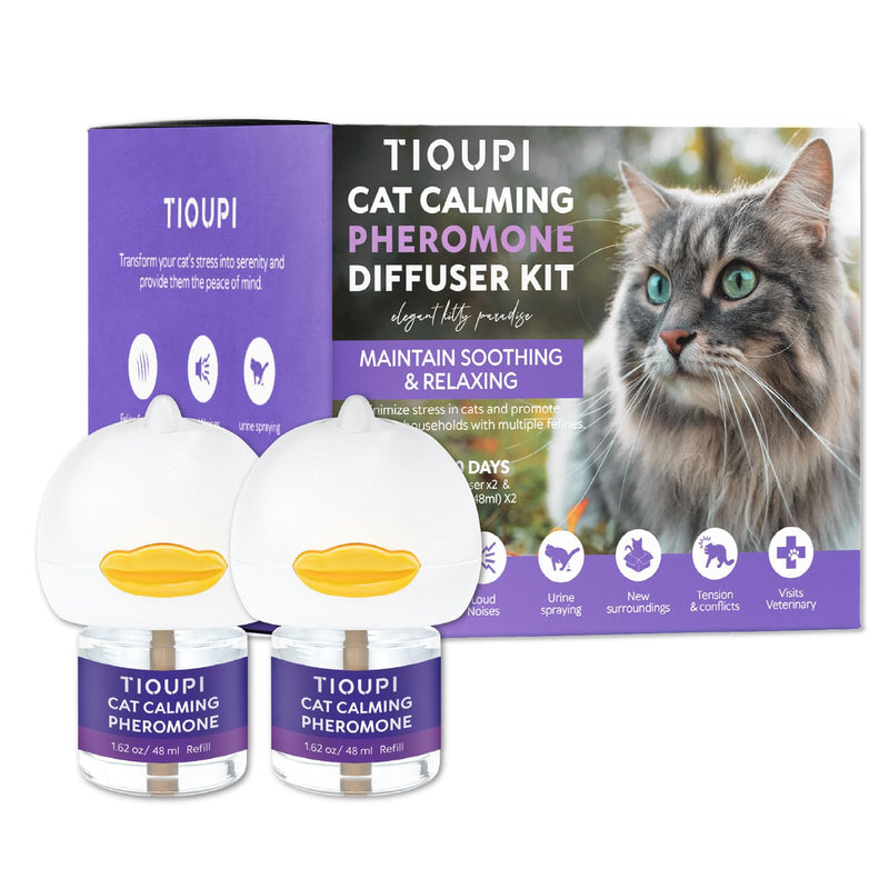 Tioupi cat calming pheromone diffuser kit with two white duck-shaped diffusers and refill bottles
