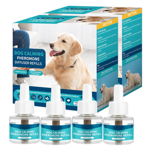 Four 48ml dog calming pheromone refill bottles displayed in front of two product boxes