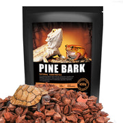 Black bag of pine bark natural substrate with bearded dragon and frog, small turtle on bark chips