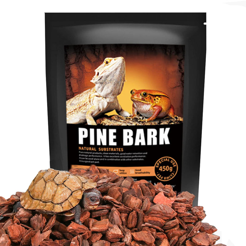 Black bag of pine bark natural substrate with bearded dragon and frog, small turtle on bark chips