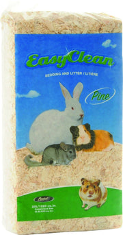 EasyClean pine bedding package showing white rabbit, guinea pig and chinchilla on blue background